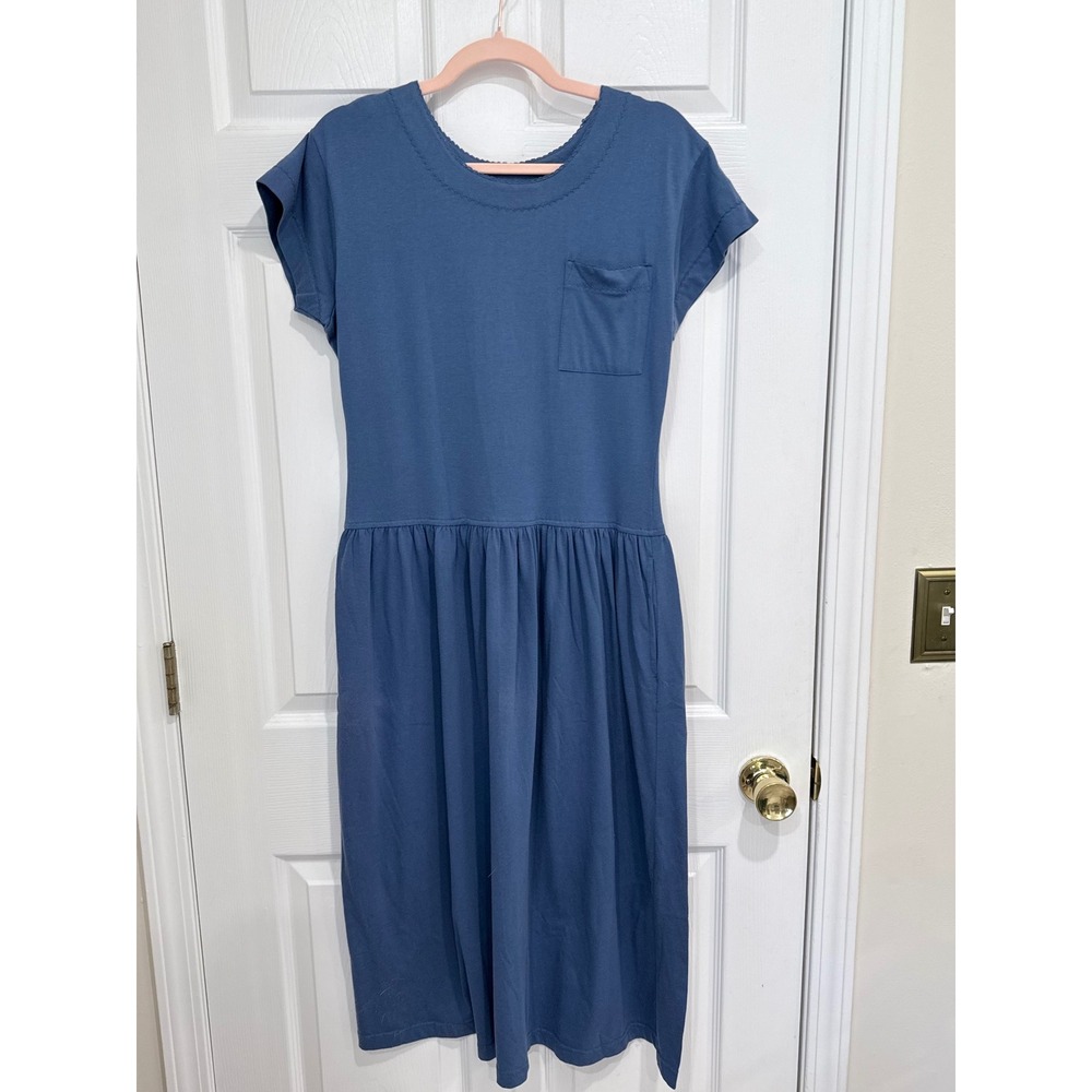 Vintage 90s Erika & Company Blue Short Sleeve Pocket Midi Dress Cotton Blend